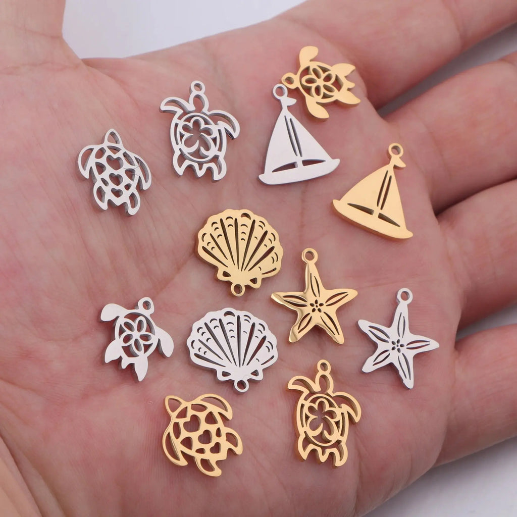 5pcs/lot Mirror Polished Stainless Steel Turtle Shell Starfish Sailboat Tortoise Charms Pendants for DIY Jewelry Making