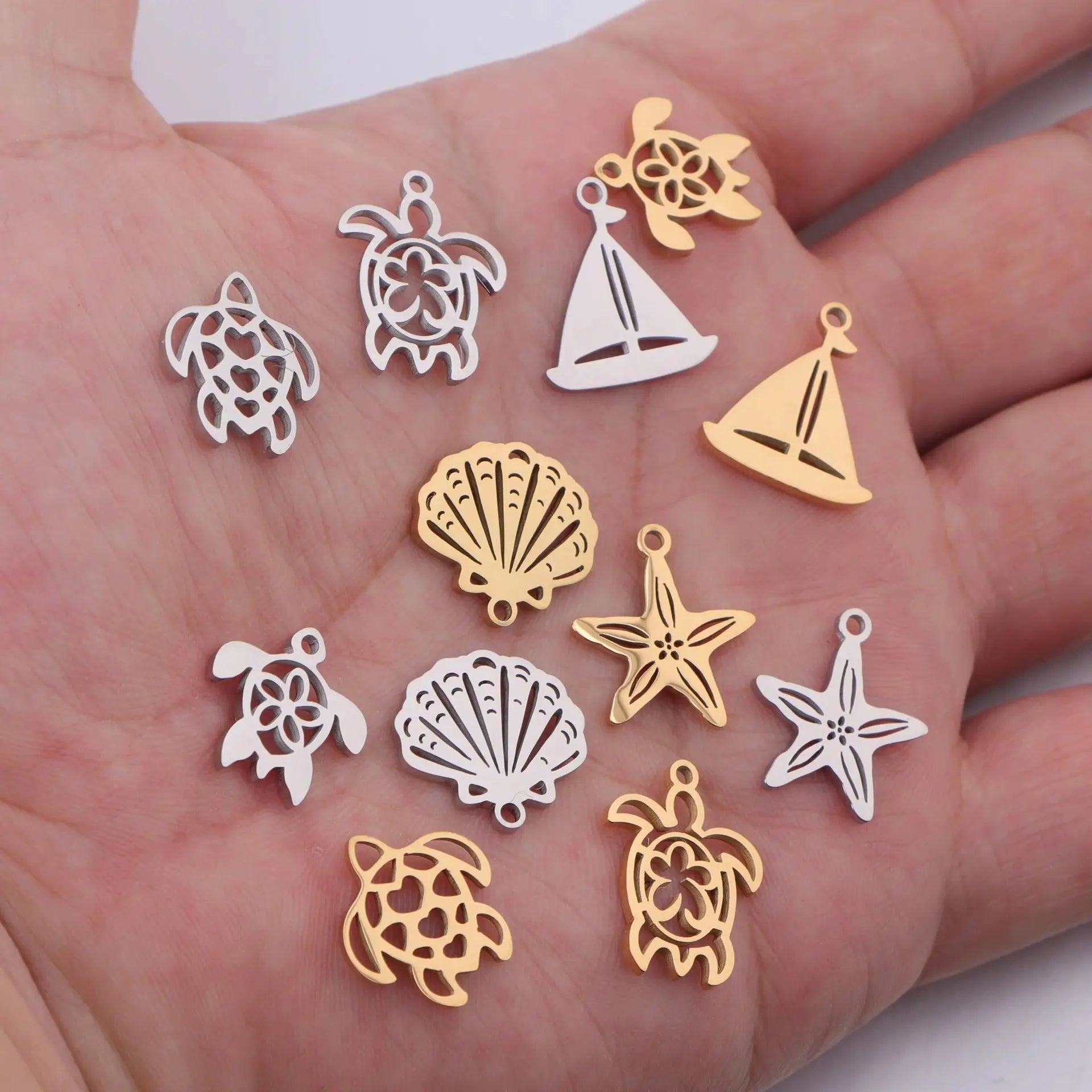 5pcs/lot Mirror Polished Stainless Steel Turtle Shell Starfish Sailboat Tortoise Charms Pendants for DIY Jewelry Making