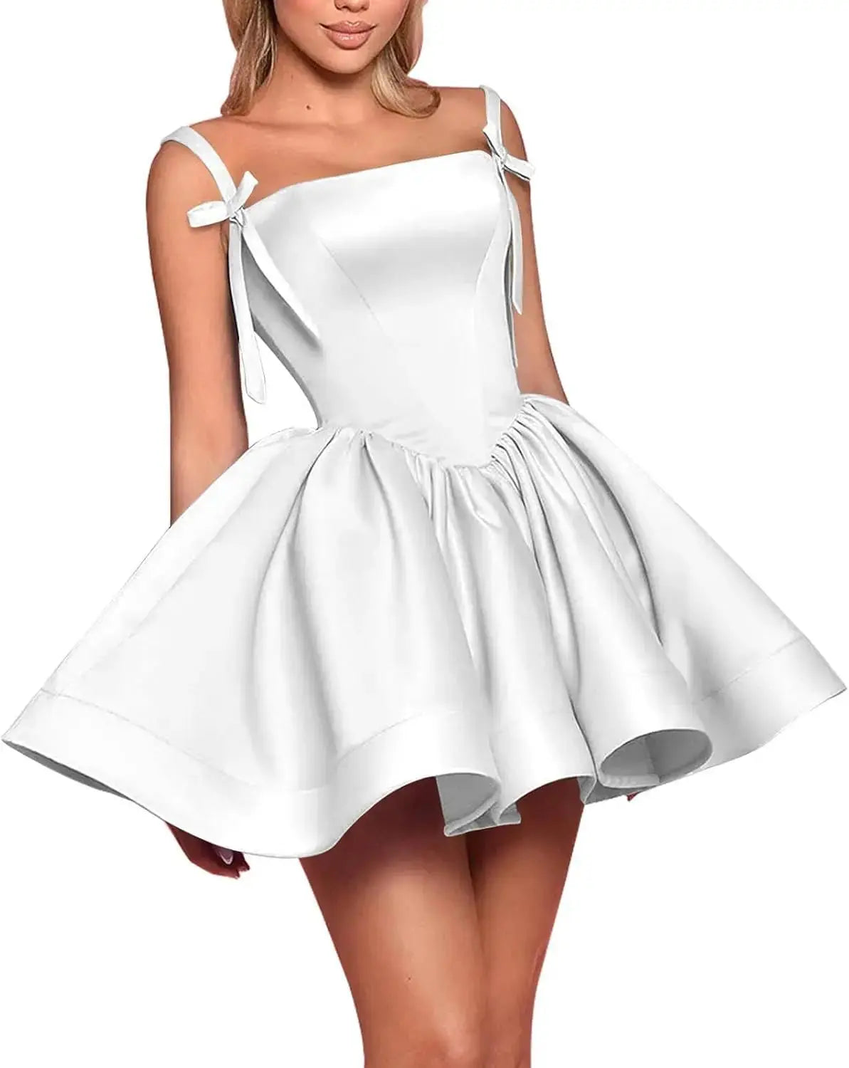 Satin Homecoming Dresses for Teens Spaghetti Straps Square Neck A-line Short Prom Dresses with Pockets Graduation Dress