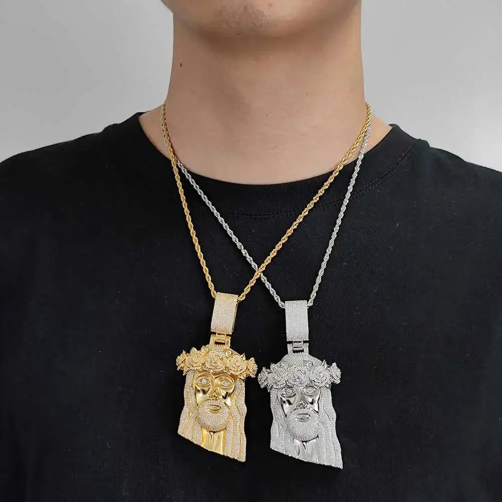 Hip Hop Style Iced Out Diamond Jesus Pendant with Rose Custom Jewelry Gold Silver Plated Jesus Religious Christian Pendant Gift