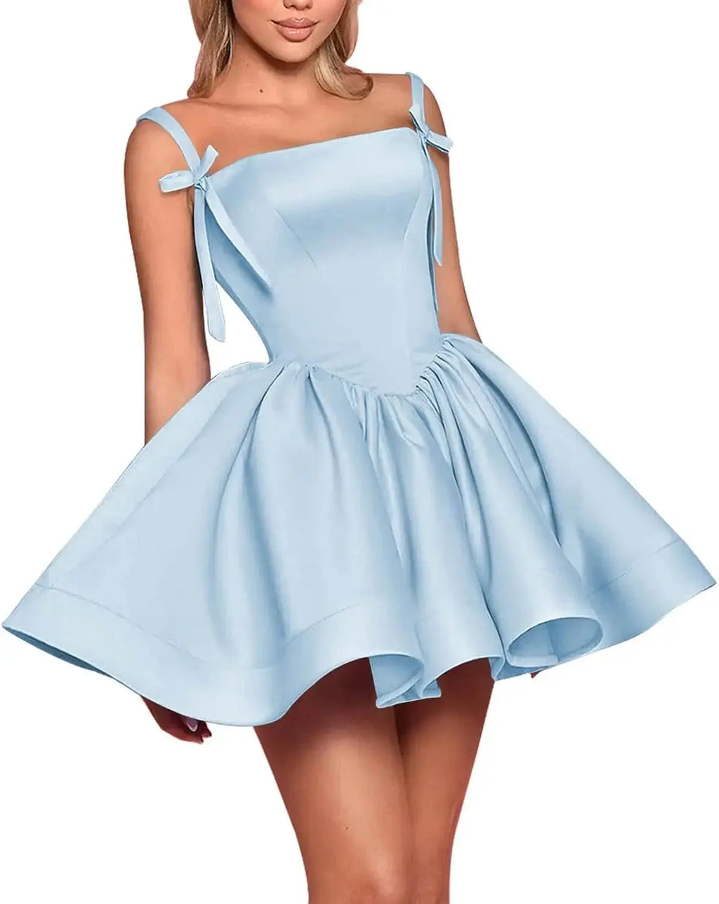 Satin Homecoming Dresses for Teens Spaghetti Straps Square Neck A-line Short Prom Dresses with Pockets Graduation Dress