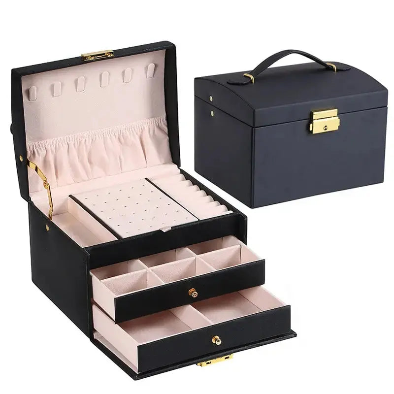 1pcs Multi Functional Three Layer Leather Drawer Style Jewelry Box Earrings Earrings Lock Jewelry Box