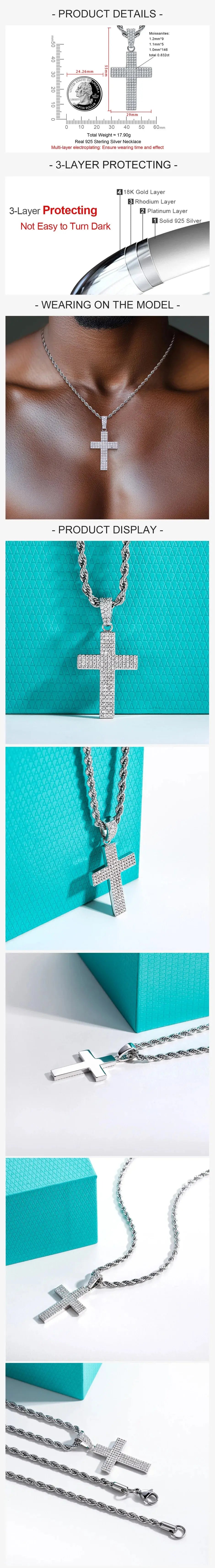 AnuJewel Dazzling 0.832cttw D Color Moissanite Cross Pendant Layered Hip Hop Necklace 925 Sterling Silver New Age Dope Jewelry