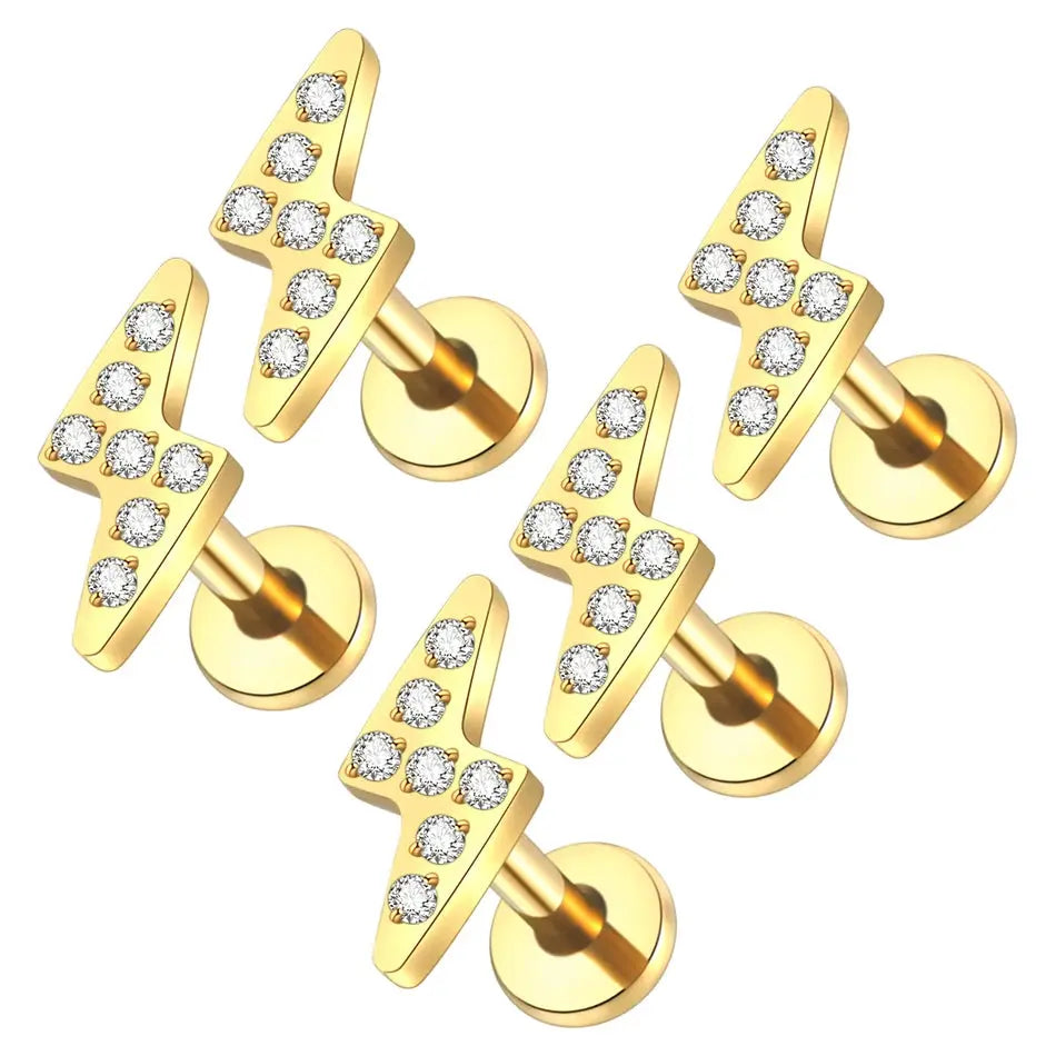 1/5PCS Titanium 16G Lightning CZ Stud Earring Cartilage Helix Tragus Conch Lobe Ear Piercings Zircon Labret Nariz Women Jewelry