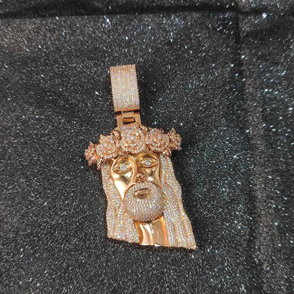 Hip Hop Style Iced Out Diamond Jesus Pendant with Rose Custom Jewelry Gold Silver Plated Jesus Religious Christian Pendant Gift