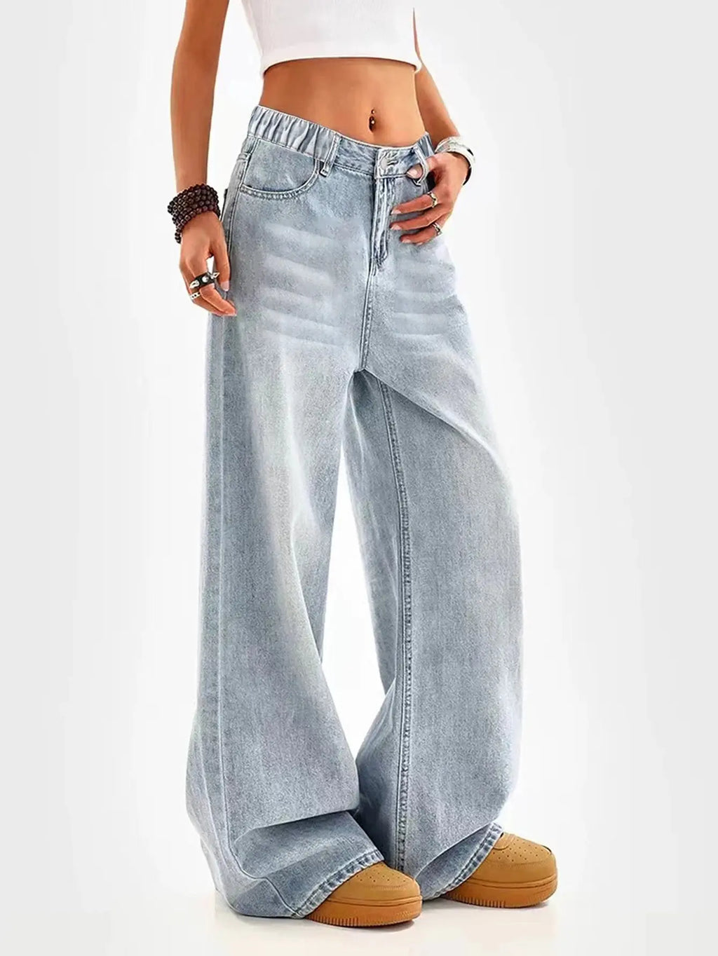 Retro washed blue loose wide-leg straight pants for middle and large children and girls, casual, simple and versatile long jeans Avivanastore