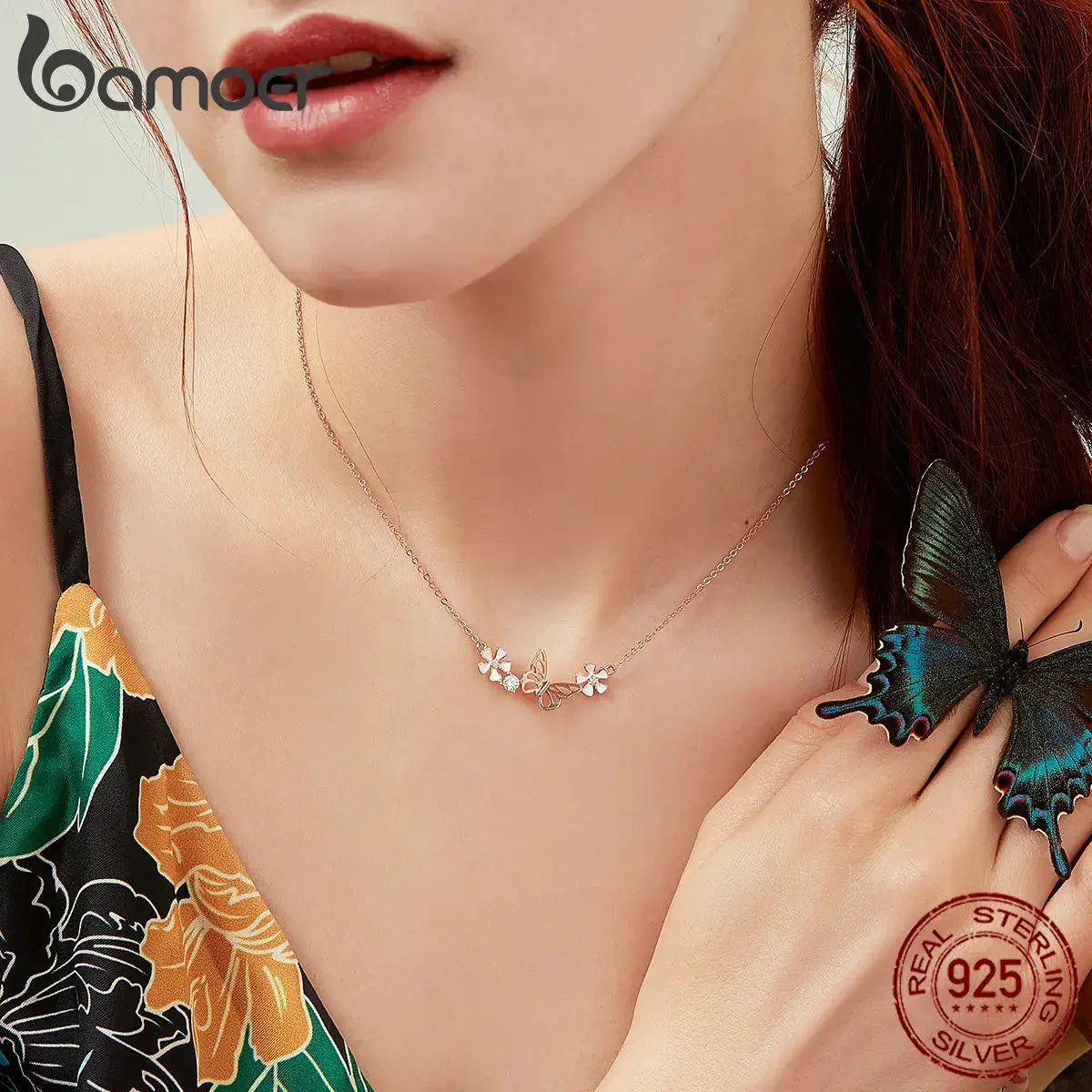 Bamoer 925 Sterling Silver K Gold Rose Earring Butterfly Necklace Jewelry Set Flowers for Women Ladies Luxury Elegant Wedding