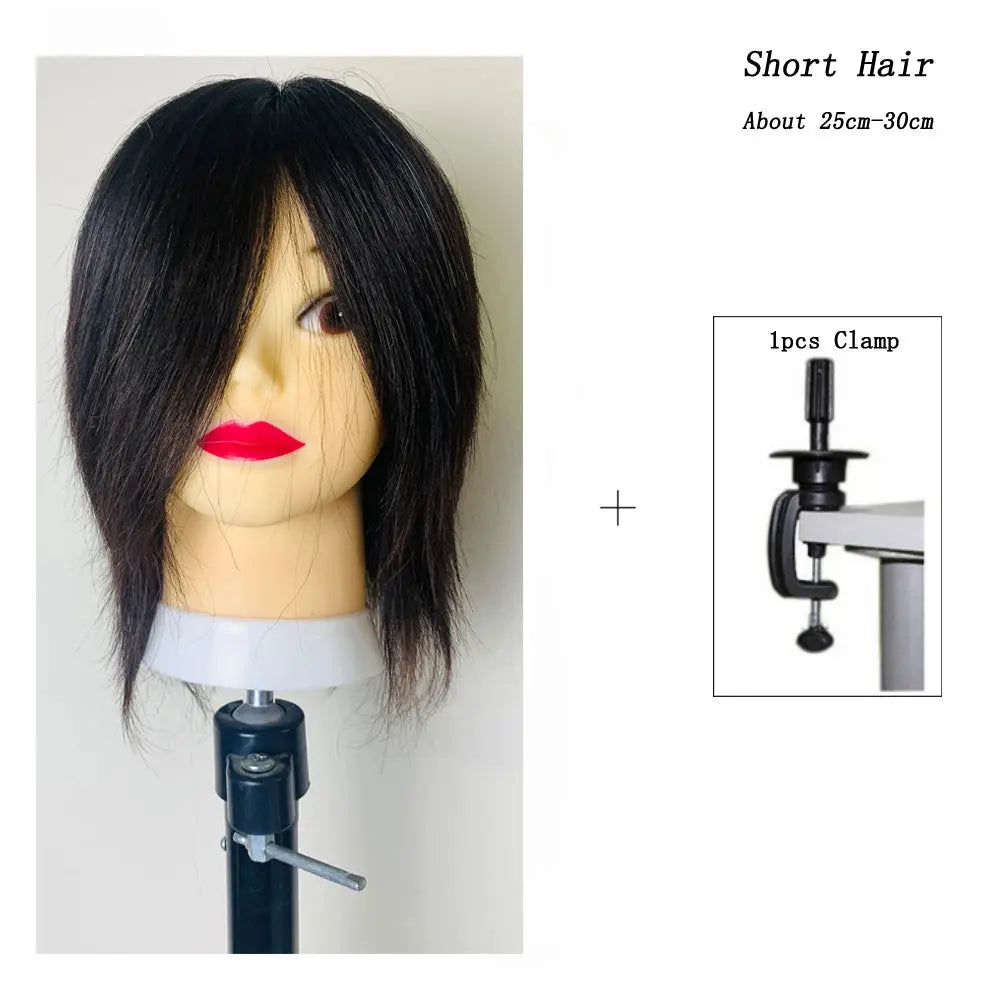 Human Hair Mannequin Head Natural Black Color Practice Training Model For Hairdresser Professional Can Be Ironed and Dyed