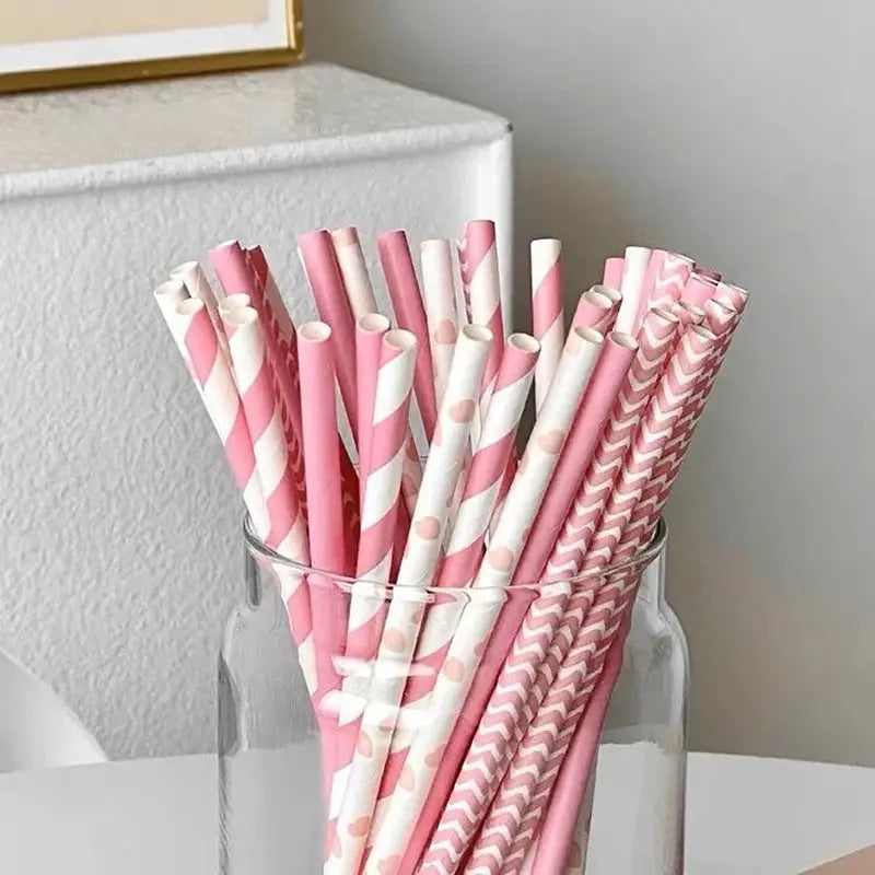 25PCS Party Straws For Juice Cocktails Smoothies Birthday Wedding Christmas Decorations Biodegradable Pink Paper Straws Avivanastore