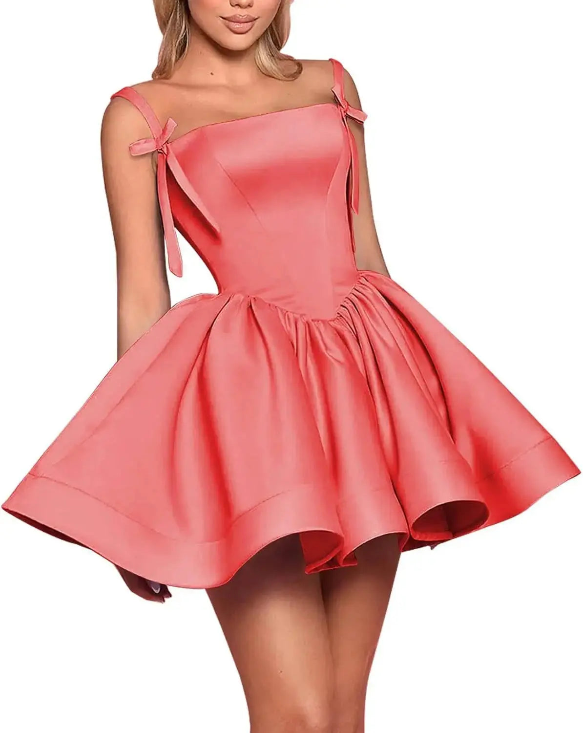 Satin Homecoming Dresses for Teens Spaghetti Straps Square Neck A-line Short Prom Dresses with Pockets Graduation Dress