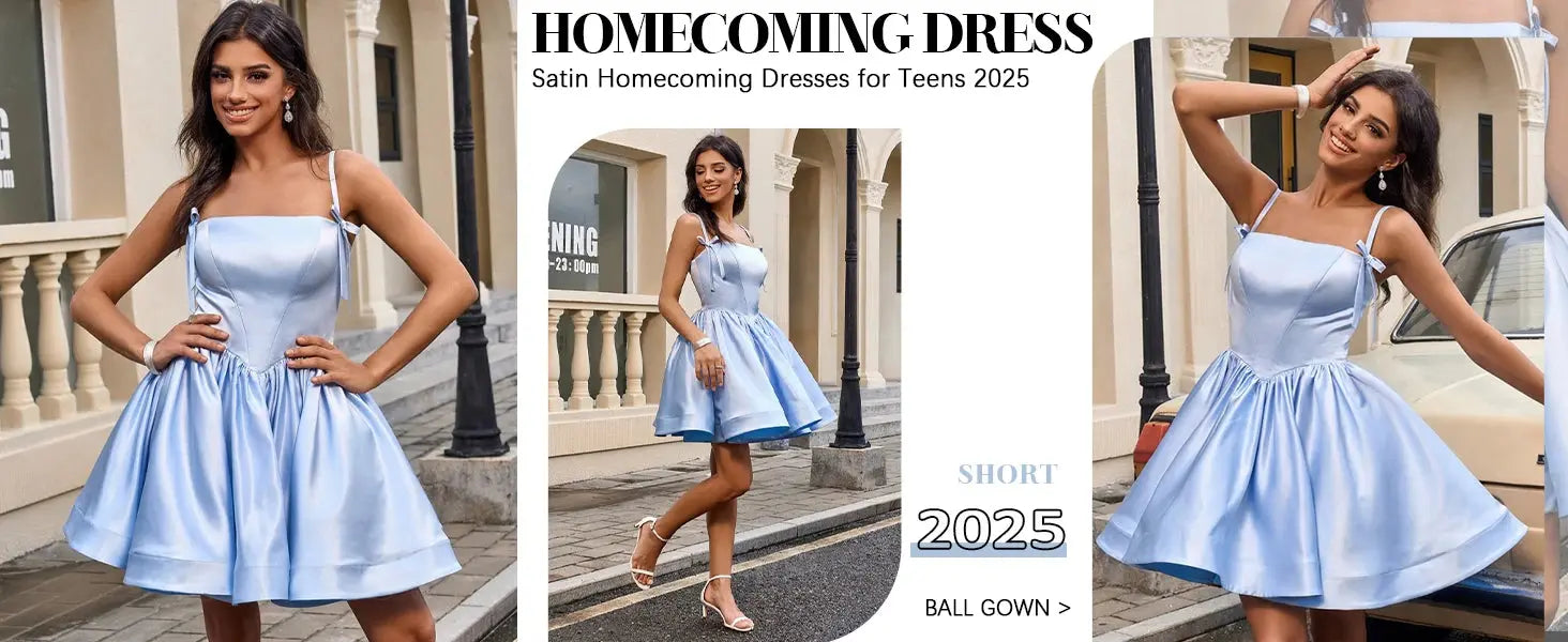Satin Homecoming Dresses for Teens Spaghetti Straps Square Neck A-line Short Prom Dresses with Pockets Graduation Dress