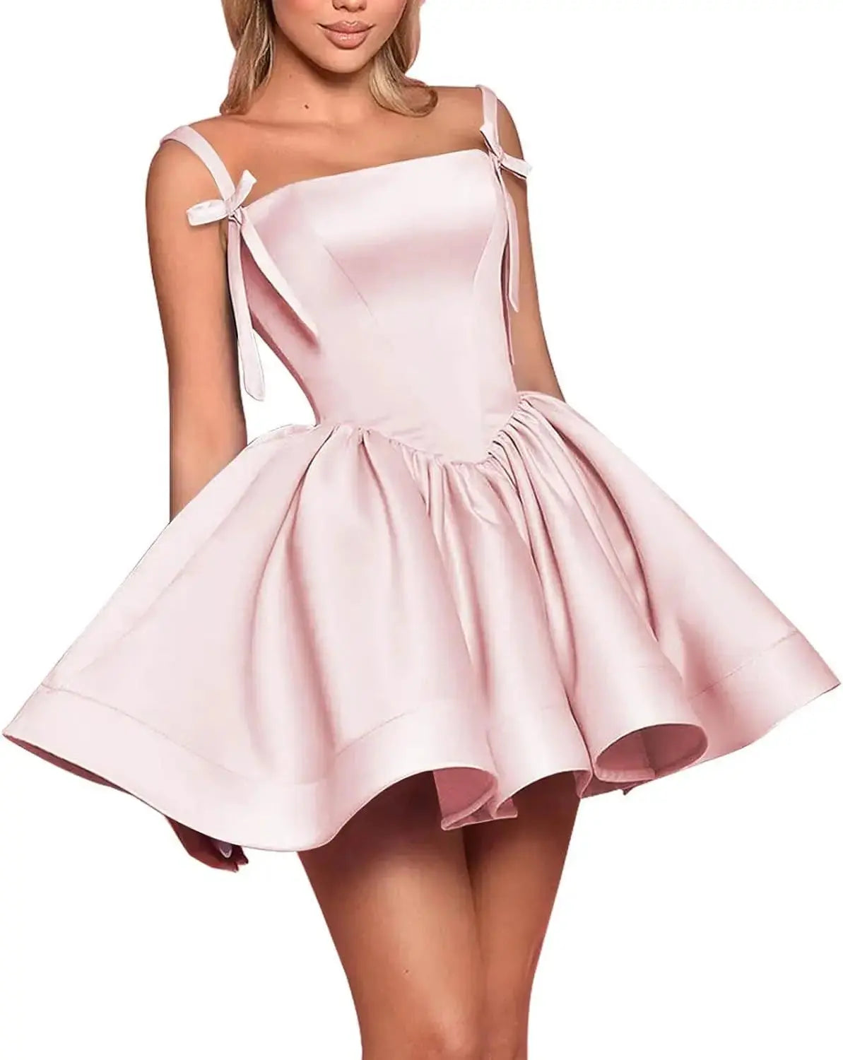 Satin Homecoming Dresses for Teens Spaghetti Straps Square Neck A-line Short Prom Dresses with Pockets Graduation Dress