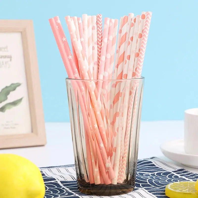 25PCS Party Straws For Juice Cocktails Smoothies Birthday Wedding Christmas Decorations Biodegradable Pink Paper Straws Avivanastore