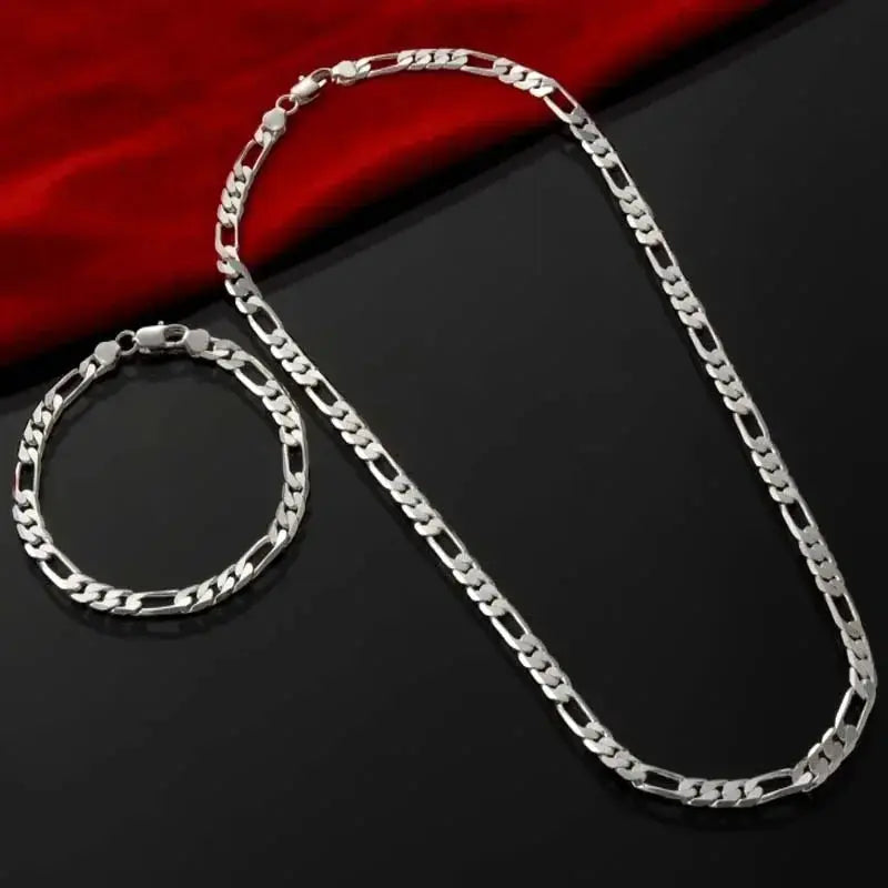 925 Sterling Silver 4MM 16-30 Inches Man Figaro Chain Bracelet Necklace For Woman Fashion Couple Christmas Gift Jewelry Set 2pcs Avivanastore
