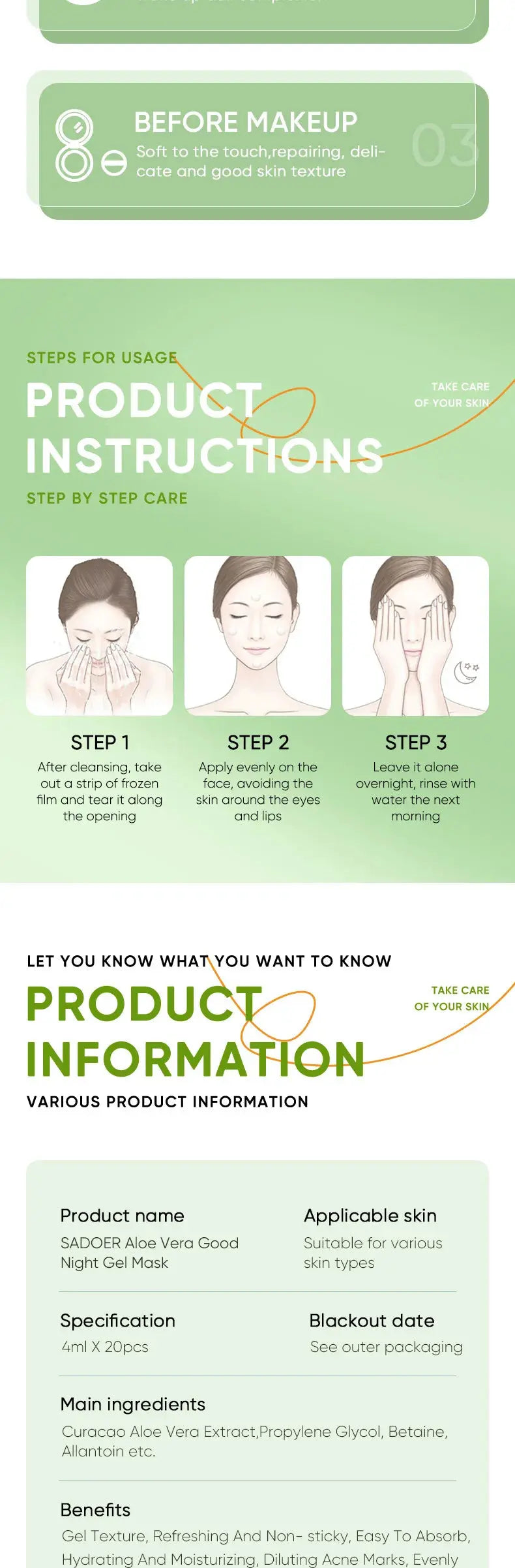 20pcs Aloe Vera Gel Portable Facial Mask Soothing And Repairing After Moisturizing Hydrating Shrink Pores Sleep Mask Skin Care Avivanastore