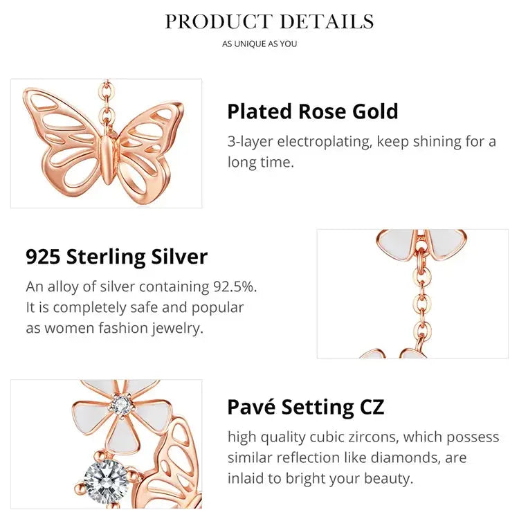 Bamoer 925 Sterling Silver K Gold Rose Earring Butterfly Necklace Jewelry Set Flowers for Women Ladies Luxury Elegant Wedding