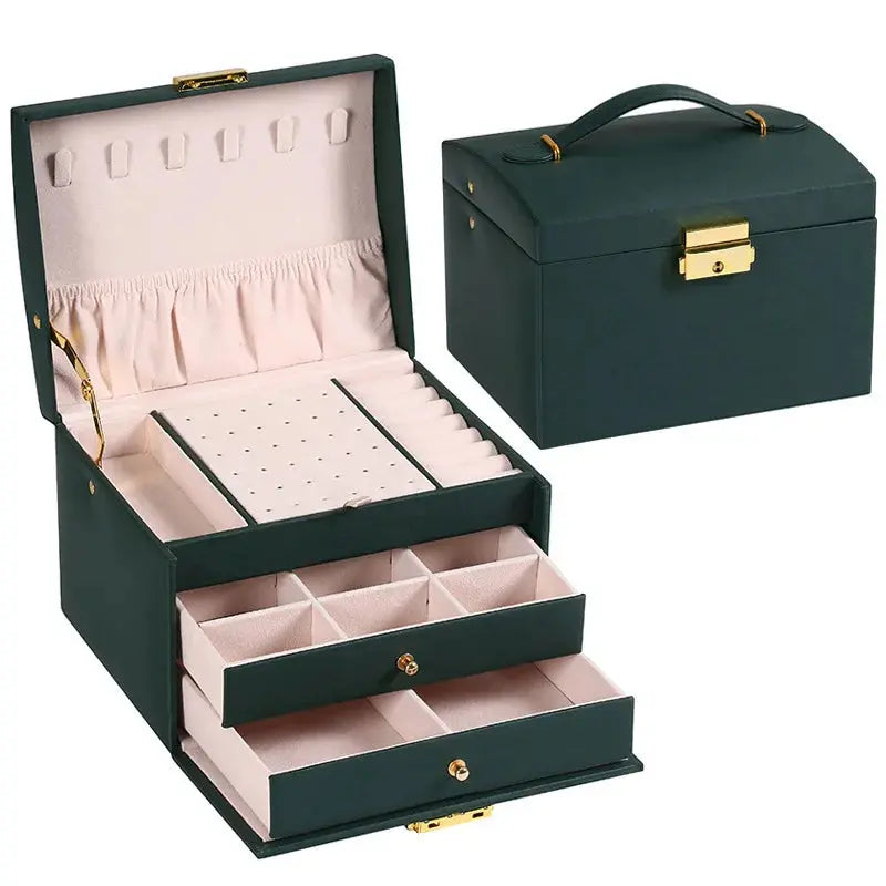 1pcs Multi Functional Three Layer Leather Drawer Style Jewelry Box Earrings Earrings Lock Jewelry Box
