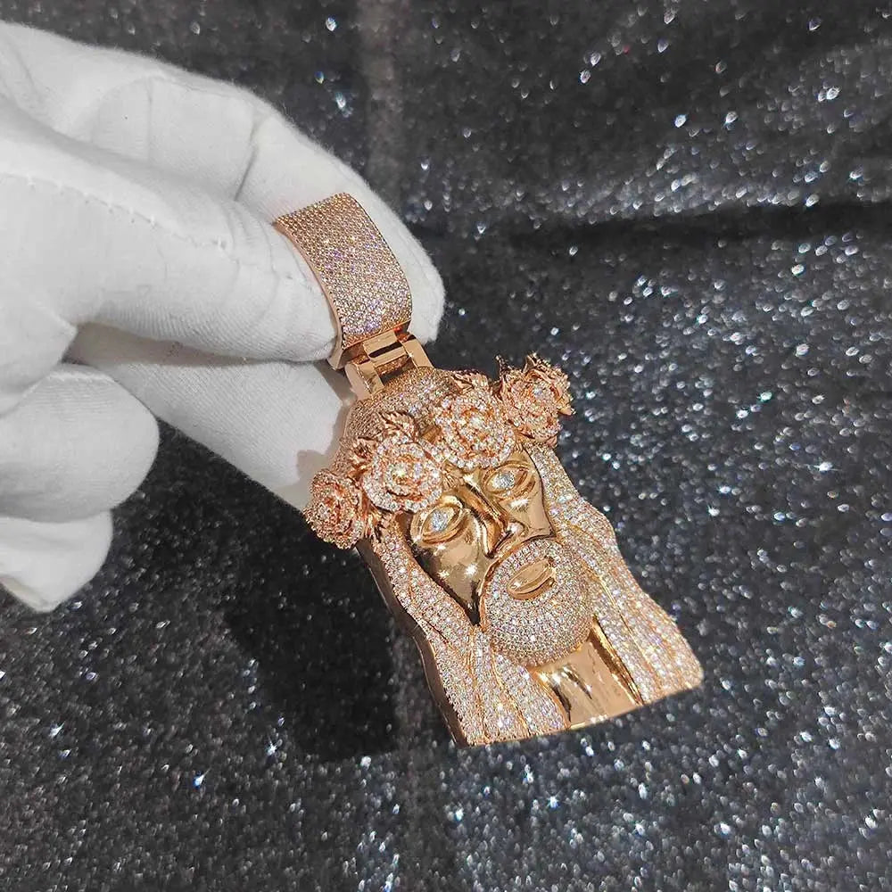 Hip Hop Style Iced Out Diamond Jesus Pendant with Rose Custom Jewelry Gold Silver Plated Jesus Religious Christian Pendant Gift