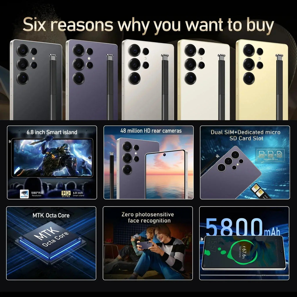 Global Vision S24 Ultra Smartphone 5G Android 5800mAH 8GB RAM 512G ROM 6.8Inch 1920x1080HD 24+48MP MTK10 4G Network Mobile Phone Avivanastore
