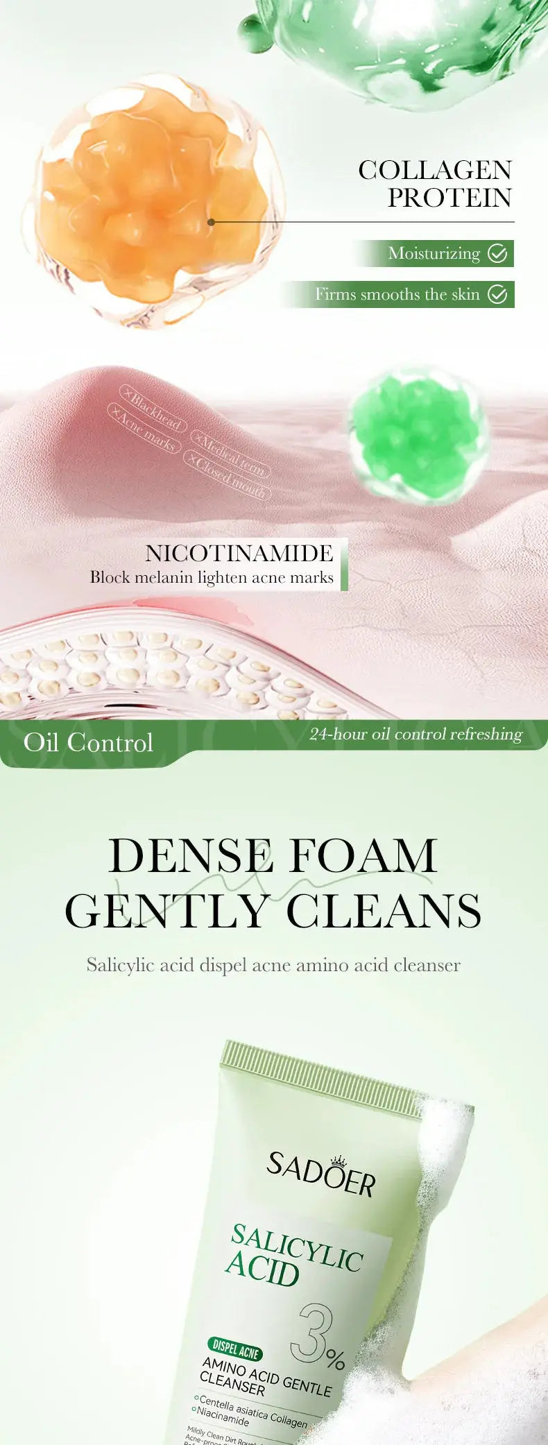 SADOER Salicylic Acid Facial Cleanser Face Wash Foam Face Cleanser Moisturizing Facial Cleansing Hydrating Skin Care Products Avivanastore