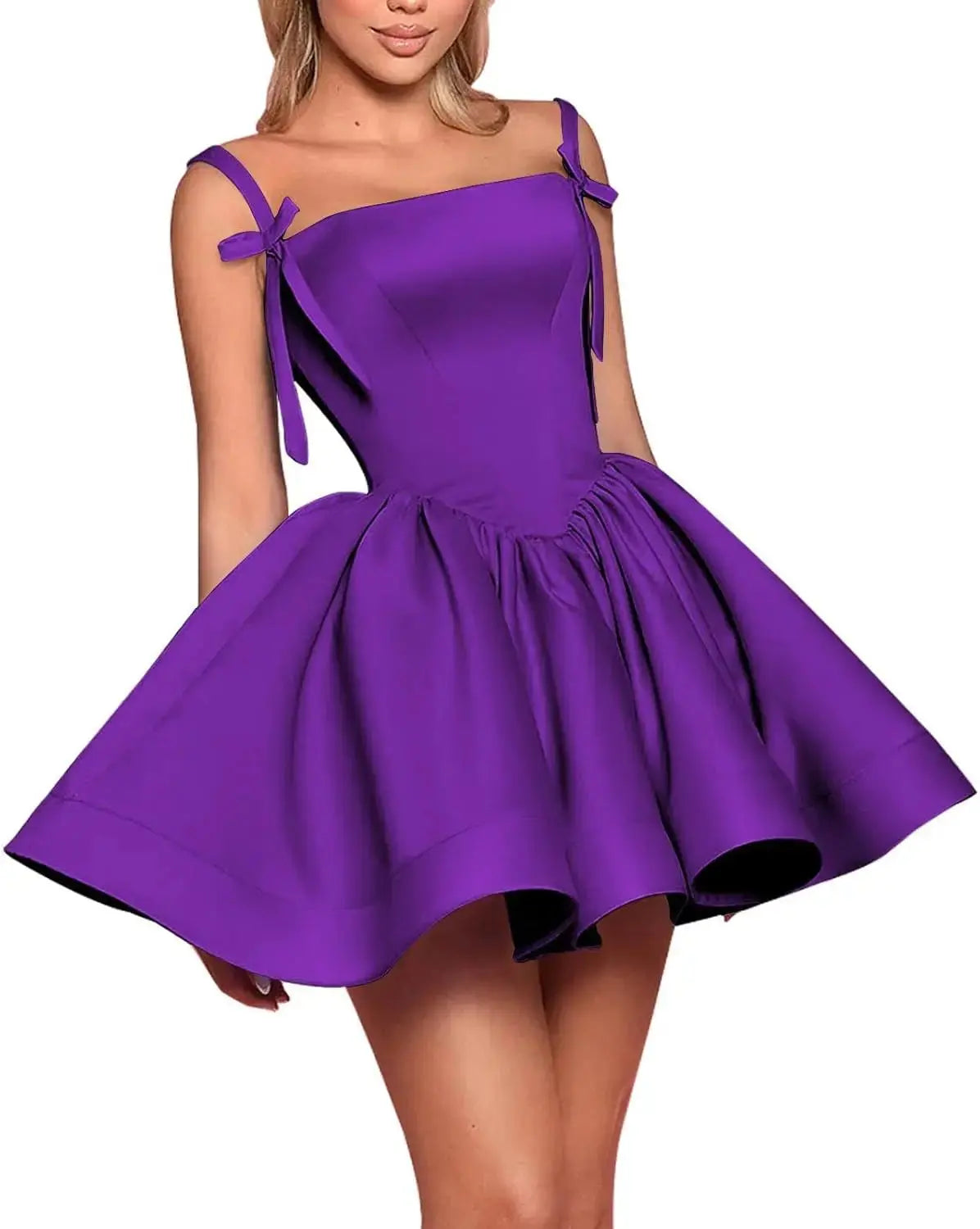 Satin Homecoming Dresses for Teens Spaghetti Straps Square Neck A-line Short Prom Dresses with Pockets Graduation Dress