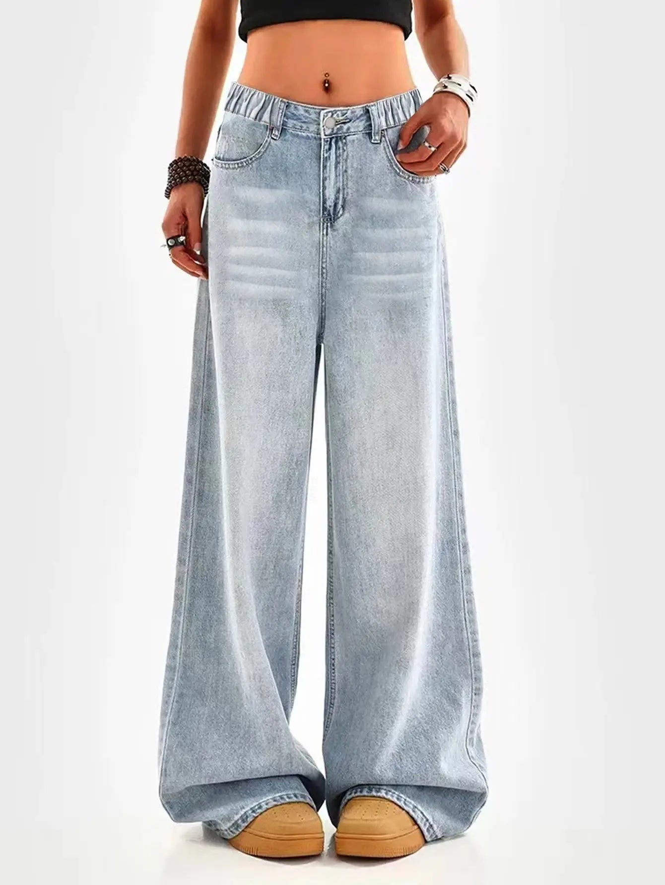 Retro washed blue loose wide-leg straight pants for middle and large children and girls, casual, simple and versatile long jeans Avivanastore