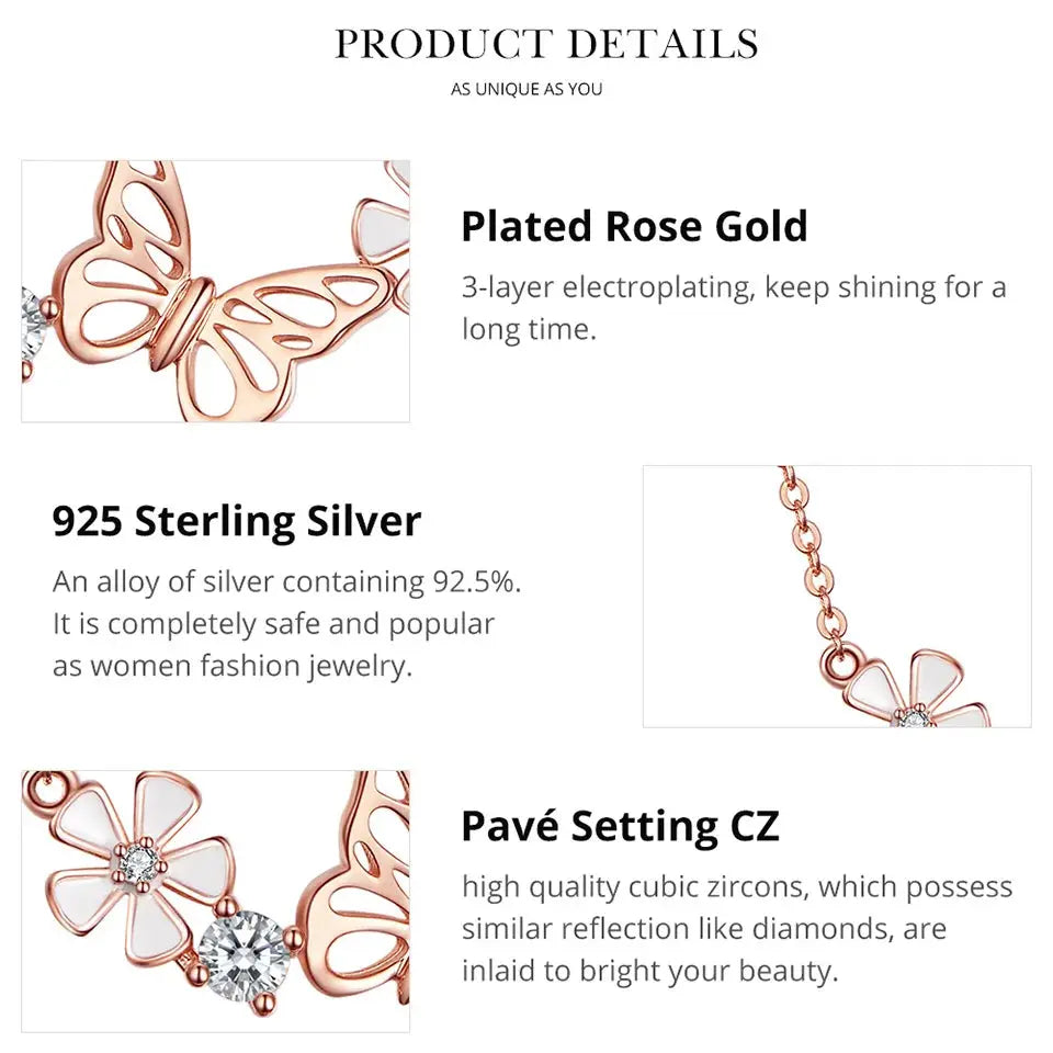 Bamoer 925 Sterling Silver K Gold Rose Earring Butterfly Necklace Jewelry Set Flowers for Women Ladies Luxury Elegant Wedding