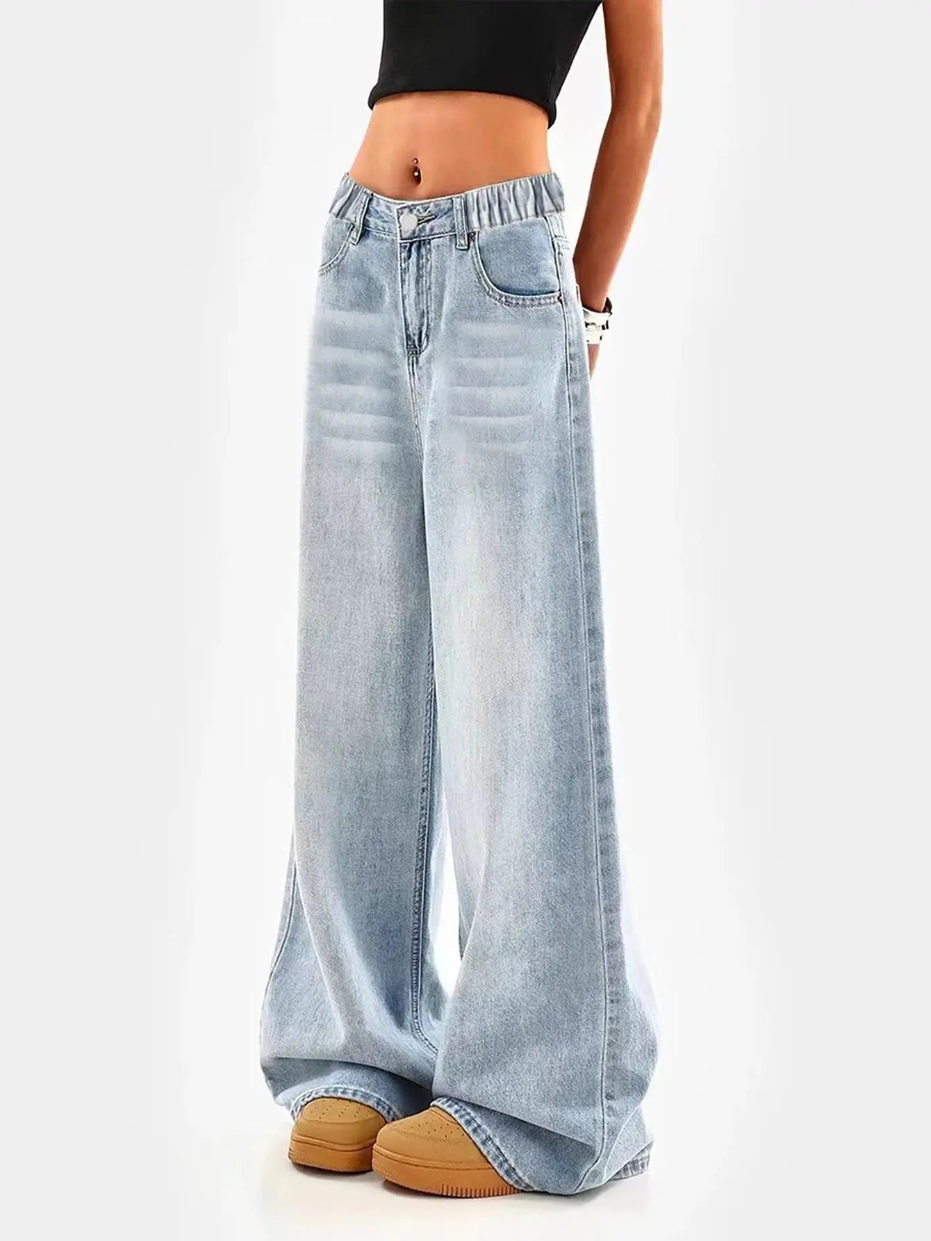 Retro washed blue loose wide-leg straight pants for middle and large children and girls, casual, simple and versatile long jeans Avivanastore