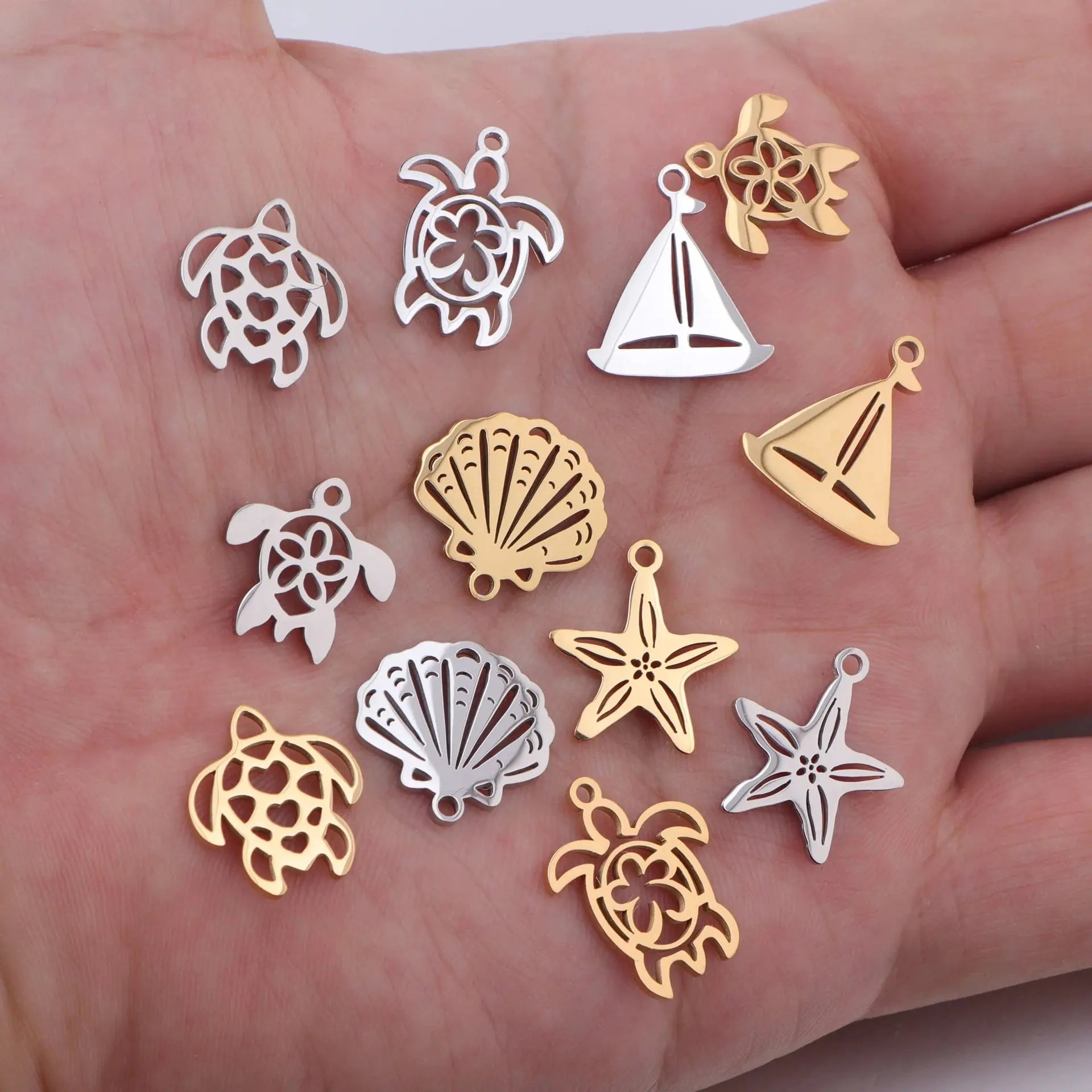 5pcs/lot Mirror Polished Stainless Steel Turtle Shell Starfish Sailboat Tortoise Charms Pendants for DIY Jewelry Making