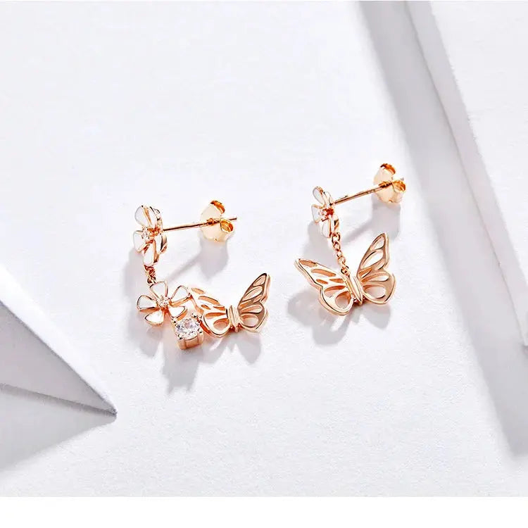 Bamoer 925 Sterling Silver K Gold Rose Earring Butterfly Necklace Jewelry Set Flowers for Women Ladies Luxury Elegant Wedding