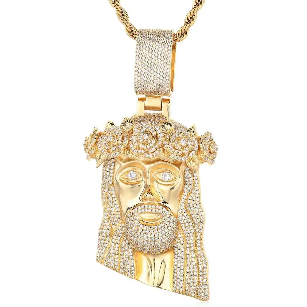 Hip Hop Style Iced Out Diamond Jesus Pendant with Rose Custom Jewelry Gold Silver Plated Jesus Religious Christian Pendant Gift