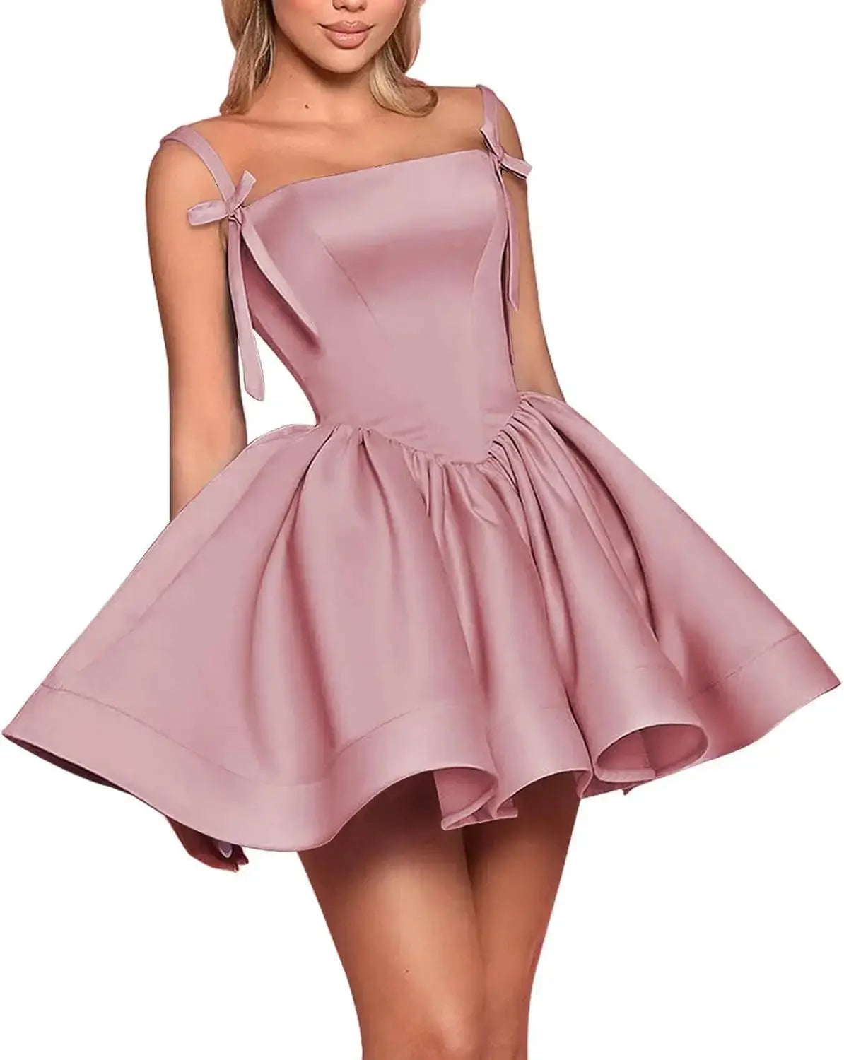 Satin Homecoming Dresses for Teens Spaghetti Straps Square Neck A-line Short Prom Dresses with Pockets Graduation Dress