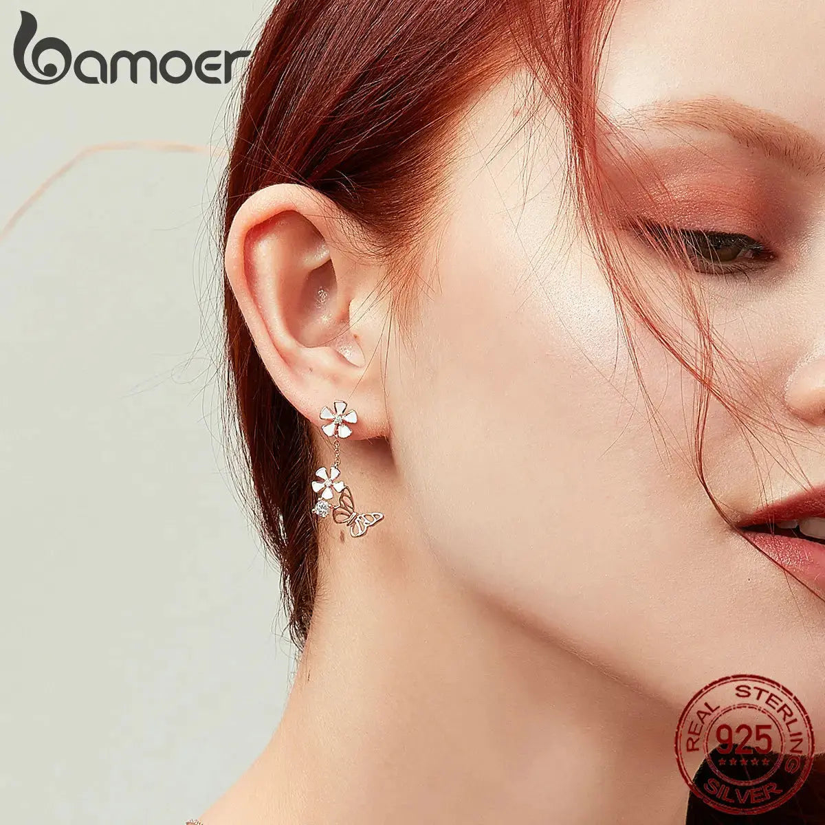 Bamoer 925 Sterling Silver K Gold Rose Earring Butterfly Necklace Jewelry Set Flowers for Women Ladies Luxury Elegant Wedding