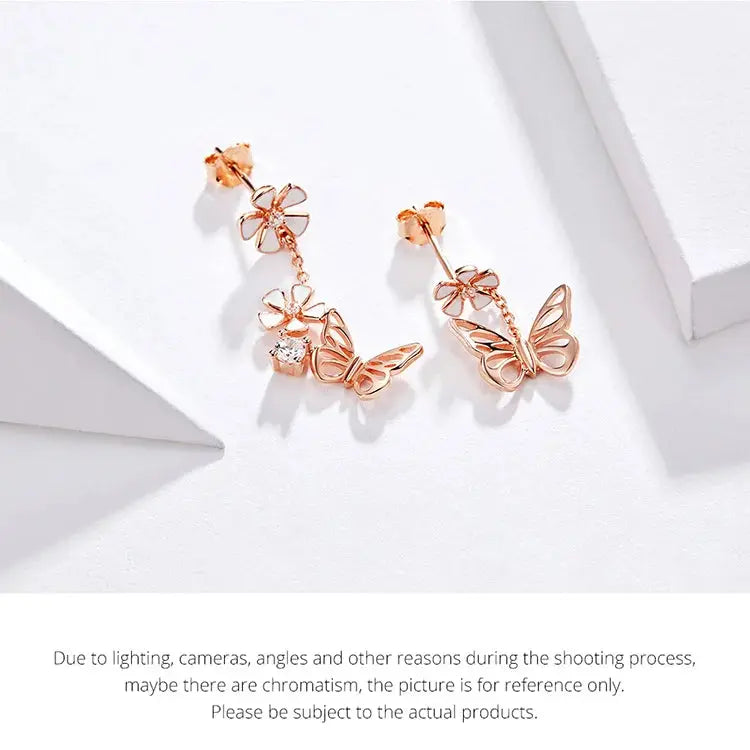 Bamoer 925 Sterling Silver K Gold Rose Earring Butterfly Necklace Jewelry Set Flowers for Women Ladies Luxury Elegant Wedding