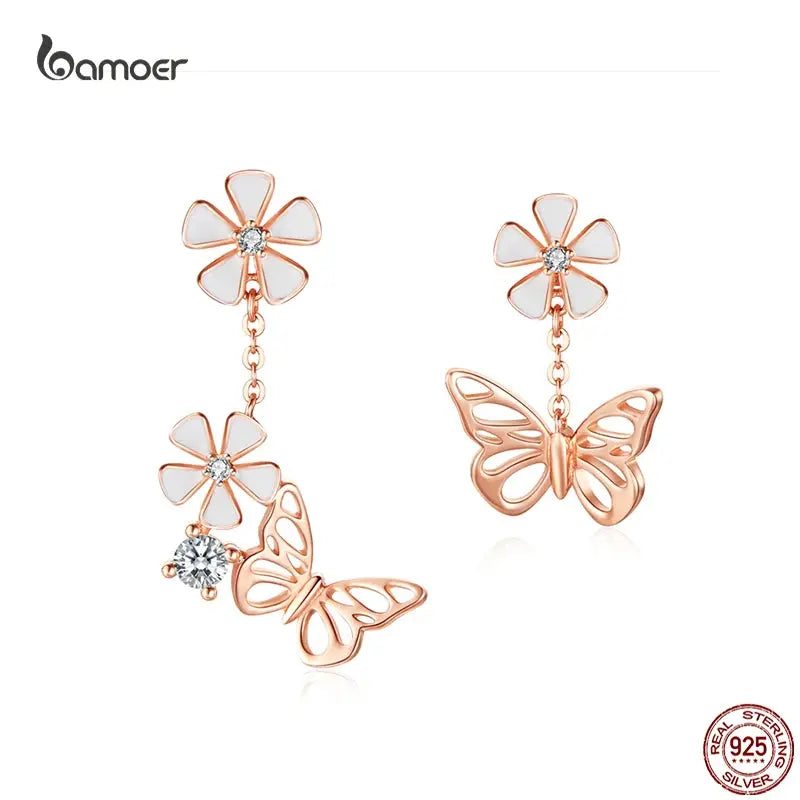 Bamoer 925 Sterling Silver K Gold Rose Earring Butterfly Necklace Jewelry Set Flowers for Women Ladies Luxury Elegant Wedding