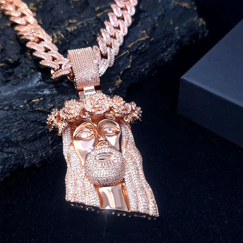 Hip Hop Style Iced Out Diamond Jesus Pendant with Rose Custom Jewelry Gold Silver Plated Jesus Religious Christian Pendant Gift