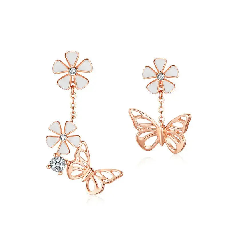 Bamoer 925 Sterling Silver K Gold Rose Earring Butterfly Necklace Jewelry Set Flowers for Women Ladies Luxury Elegant Wedding