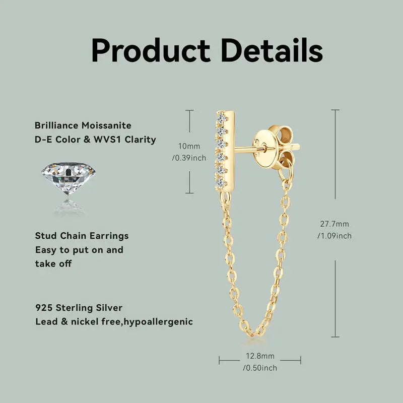 Lnngy 1.4mm Pave Setting Moissanite Earrings 925 Sterling Silver Chain Tassel Earring For Women Girls Casual Daily Jewelry Gift