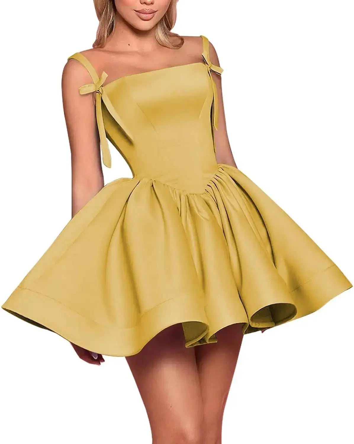 Satin Homecoming Dresses for Teens Spaghetti Straps Square Neck A-line Short Prom Dresses with Pockets Graduation Dress