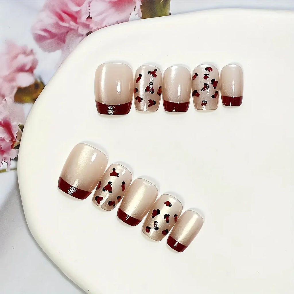 10pcs Handmade Removable Short Ballet Nail Set - Pink Cat Eye Red French Leopard Gradient Glitter, Full Coverage Finger Nails for Parties, Balls, Everyday Wear, Nail Accessories, Ball Nails, Festive Nail Art, Glossy Finish