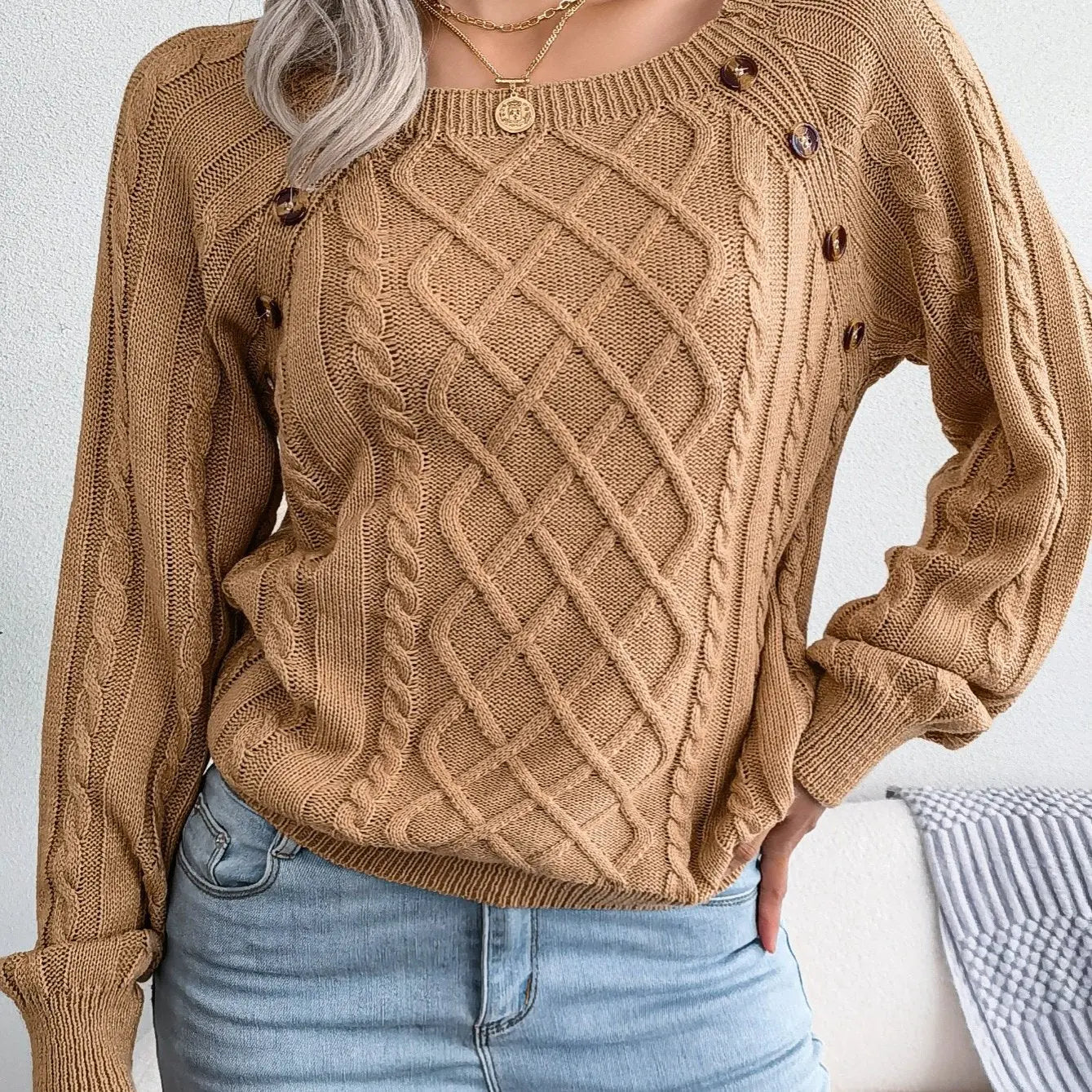 Texture Button Lantern Sleeve Sweater - Women's Round Neck Sweater Avivanastore
