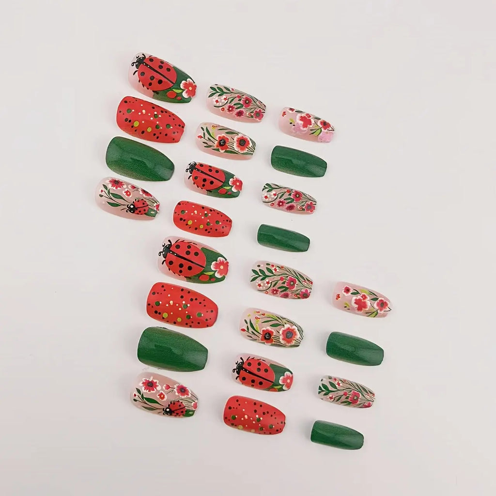 24pcs of Green Spring/Summer Style Wearable Nails, Small Fresh Flower Red False Nail Stickers, Seven-Star Ladybug Sweet Girl Ins Style Finger Nails