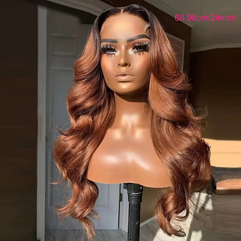 Loose Body Wave Lace Front Wig Auburn Blonde With Black Roots Synthetic Lace Front Wigs For Women Heat Resistant Fiber 13x4 Inch Lace Wigs Long Wavy Wigs For Daily Party Use