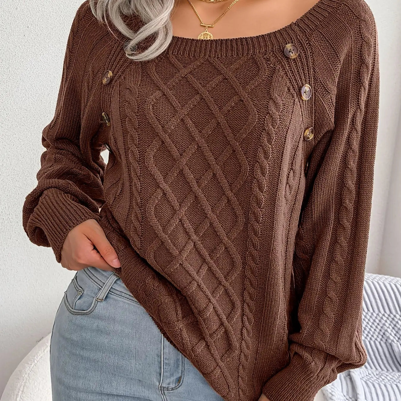Texture Button Lantern Sleeve Sweater - Women's Round Neck Sweater Avivanastore