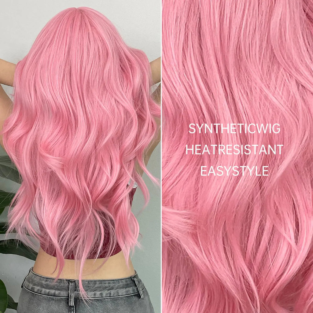 [Pink Hair Wigs] Pink 24 Inch Synthetic Fiber Hair Wigs With Bangs | Long Body Wave Hair Wigs For Women Girls | For Daily Party Cosplay Use Music Festival