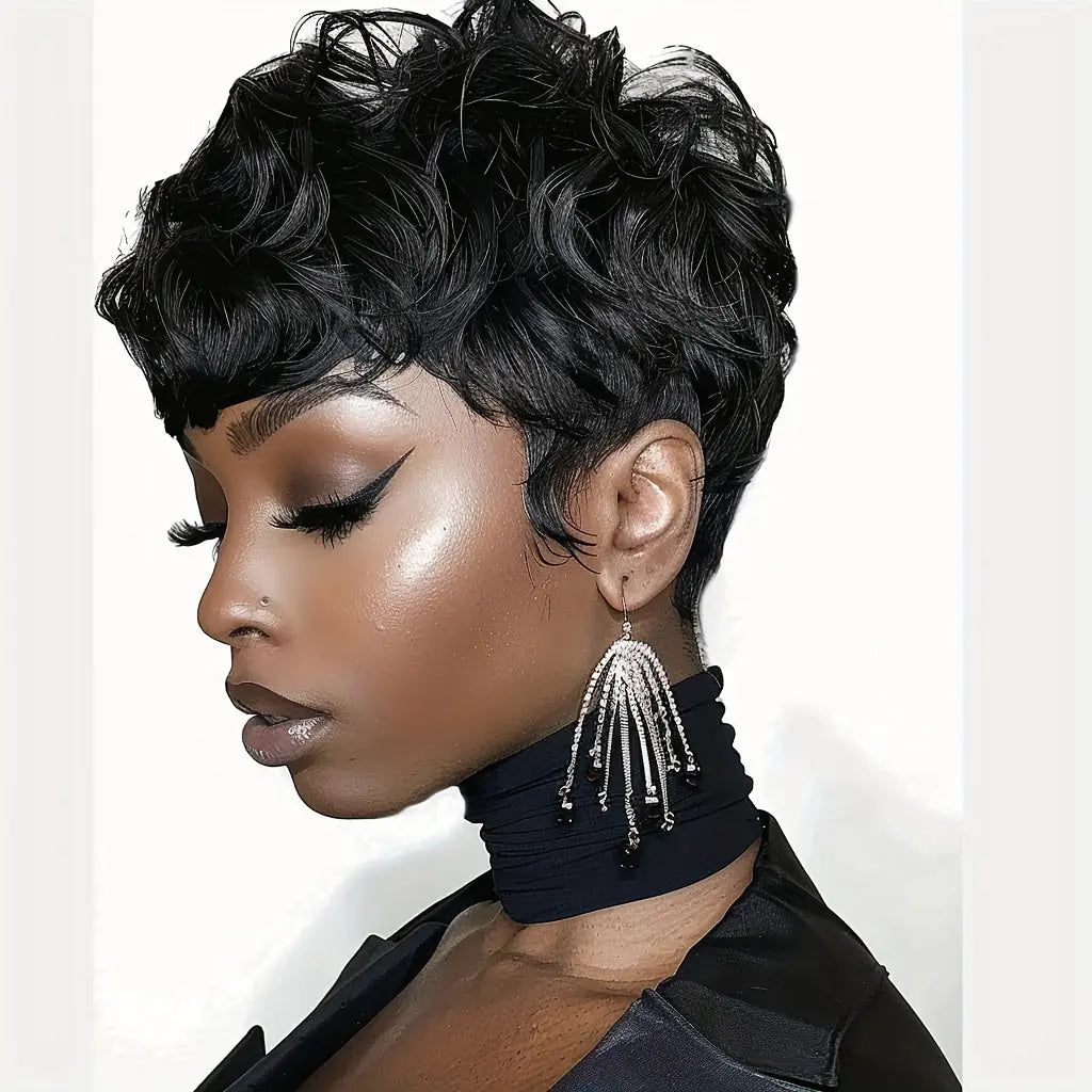 Short Curly Pixie Cut Wigs for with Bangs - Heat Resistant Synthetic Hair, 180% Density Curly Wave, Rose Net Cap, Natural Look Daily Wear & Special Occasions, Short Hair Wig