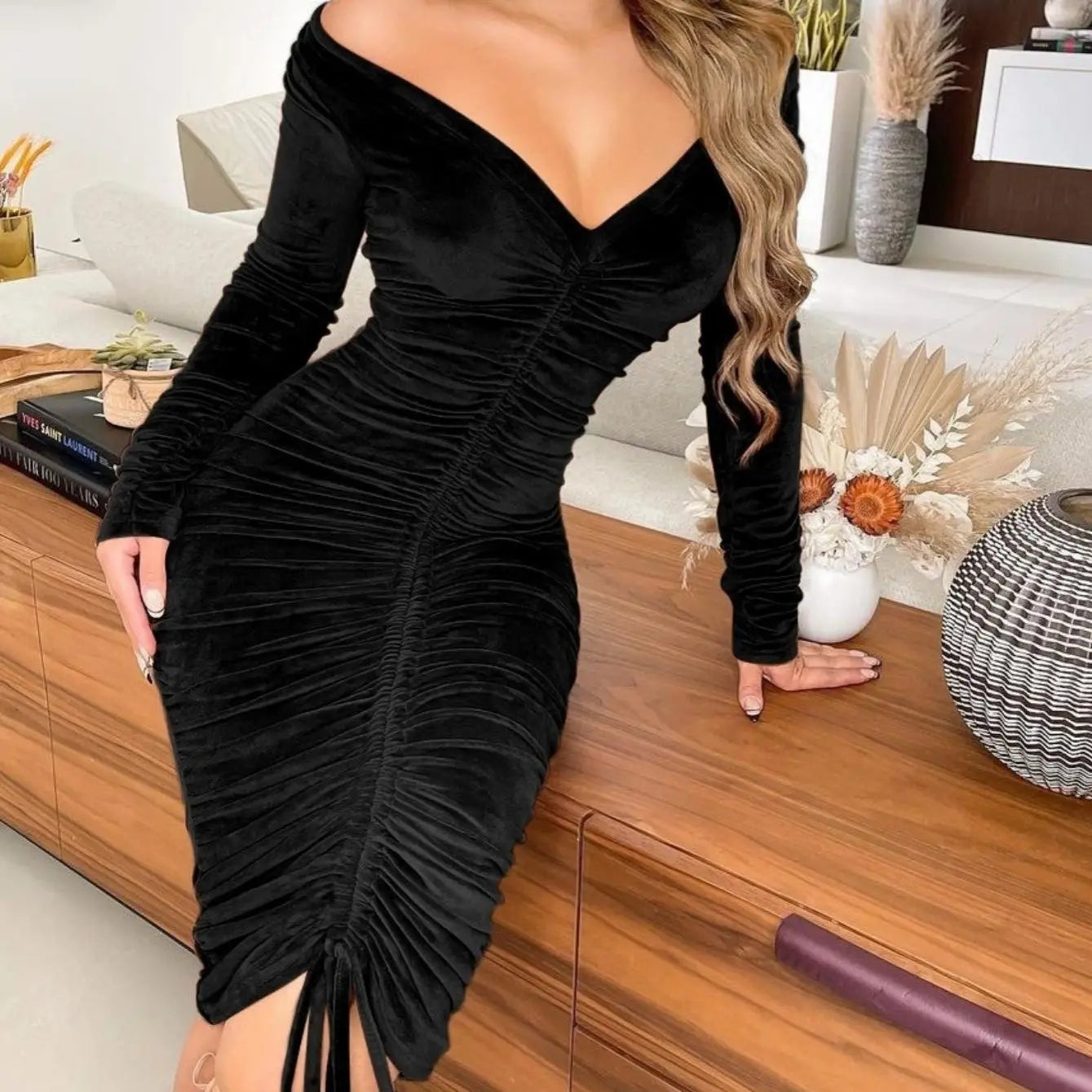 Women's Dresses V Neck Off The Shoulder Velvet Ruched Mid-length Dresses Avivanastore