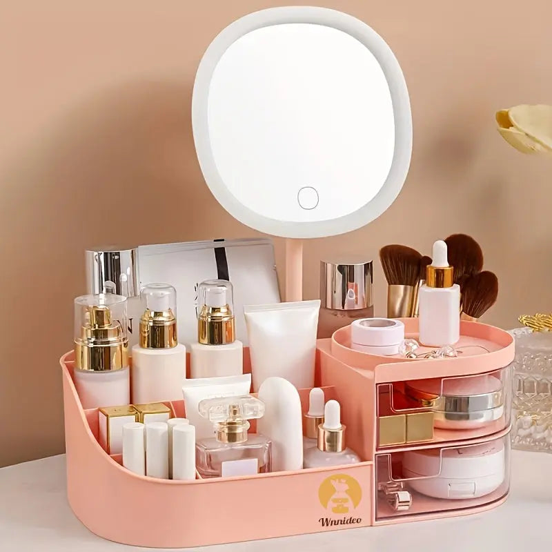 1 Cosmetic Storage Box with Mirror, Two Transparent Drawers, 5 Compartments, Equipped with LED Three-color Light Mirror, Very Suitable for Storing Lipsticks, Perfumes, Foundation Brushes, Face Masks, Multi-functional Dressing Avivanastore