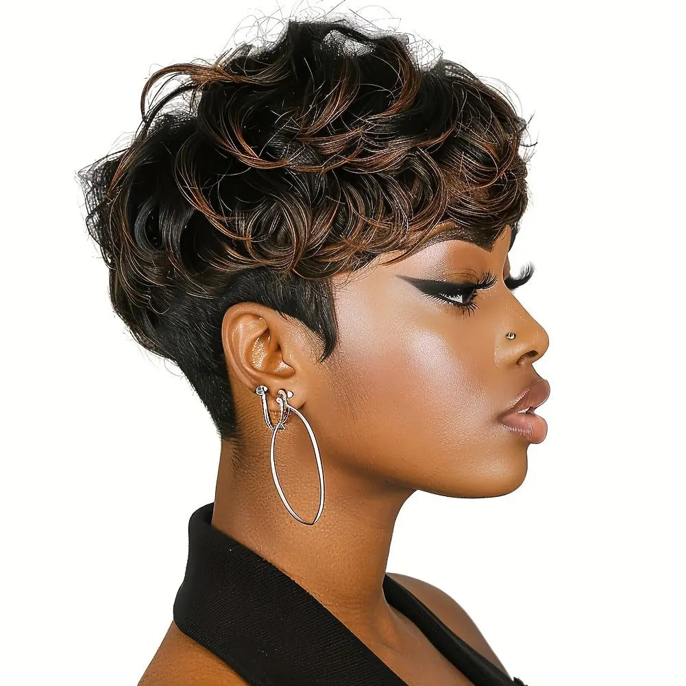 Short Curly Pixie Cut Wigs for with Bangs - Heat Resistant Synthetic Hair, 180% Density Curly Wave, Rose Net Cap, Natural Look Daily Wear & Special Occasions, Short Hair Wig