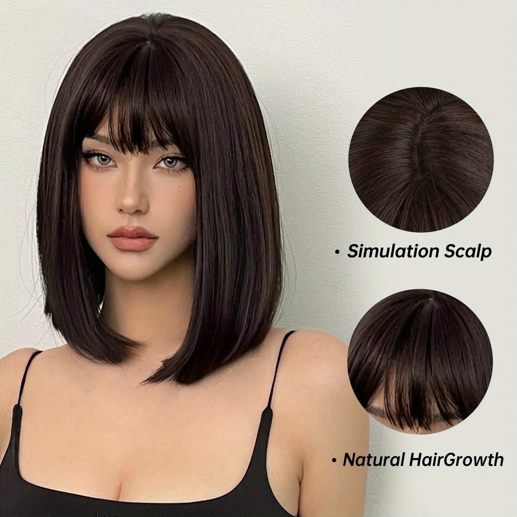 Brown 14 Inch Bob Short Straight Hair Wigs With Bangs Cute Synthetic Fiber Women's Wigs For Daily Halloween Party Cosplay Use Music Festival